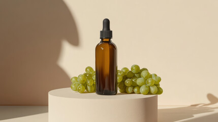 Fototapeta premium corked bottle of grape seed oil stands elegantly on pedestal, surrounded by fresh green grapes, creating serene and natural atmosphere