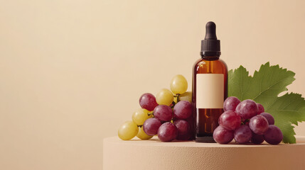 Obraz premium corked bottle of grape seed oil sits elegantly beside fresh grapes, showcasing natural and eco friendly aesthetic. warm tones create soothing atmosphere
