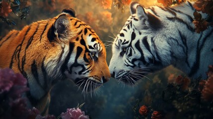 Fototapeta premium Tiger Duo: A Gentle Encounter - Two majestic tigers, orange and white, meet in a serene garden setting. Symbolizing harmony, balance, wild beauty, connection, and peace.