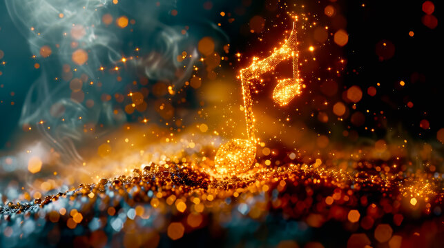 Music notes and music staft floating and spreading hyper realistic abstact background.