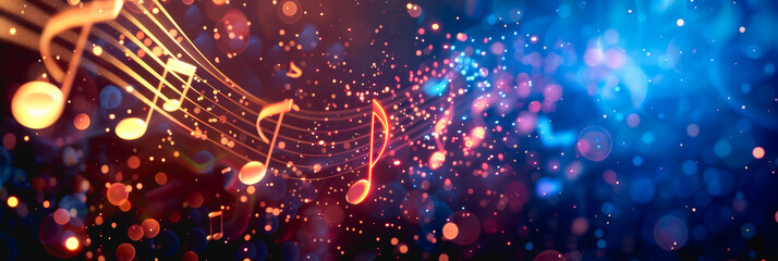 Fototapeta premium Music notes and music staft floating and spreading hyper realistic abstact banner template background.