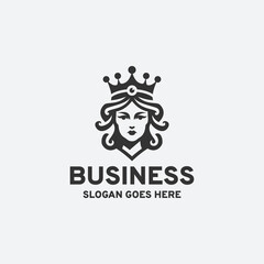 Royal queen logo design vector illustration in black and white style on a white background