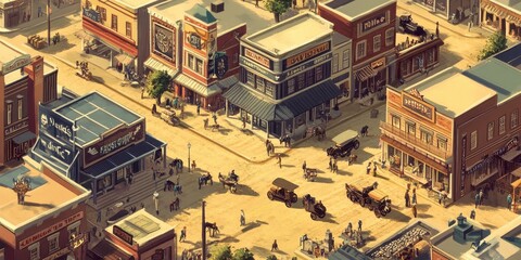 Fototapeta premium A bustling western town square shows daily life and commerce