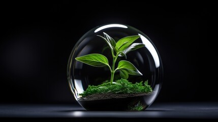 Green Plant Growth Inside Transparent Sphere Representing Environmental Sustainability and Nature Concept in Modern Design