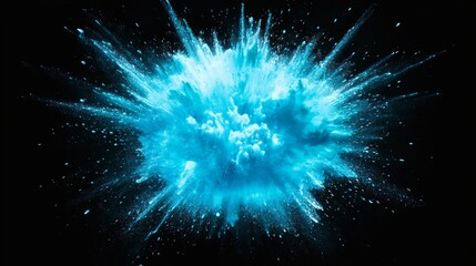 Fototapeta premium Blue Powder Explosion - Vibrant blue powder explodes against a black background, creating a dynamic and energetic image. Perfect for design projects needing a burst of color.