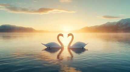 Fototapeta premium Swans Heart Sunrise Lake - Two swans create a heart shape at sunrise over a tranquil lake, symbolizing love, peace, serenity, beauty, and nature's wonder.