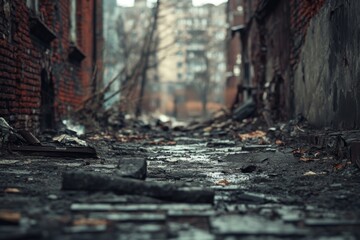 Desolate urban street in foggy atmosphere