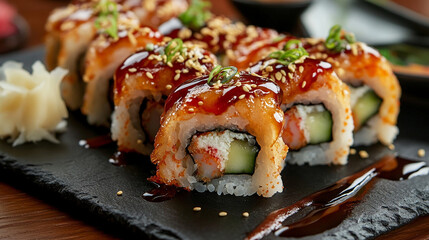 Close-up of gourmet sushi rolls drizzled with teriyaki sauce and sprinkled with sesame seeds, elegantly arranged on a dark ceramic plate