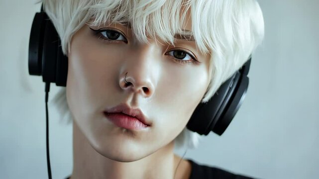 Portrait of young 20s man wearing headphones, immersed in music. Handsome asian guy enjoy listen audio book or podcast experience. Male teen face close up. Teenager in asia. K pop, kpop song fan.