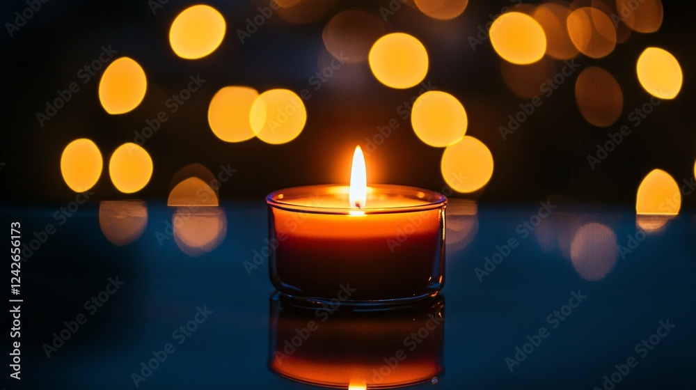 Poster The warm glow of a scented candle illuminates a dark background with bokeh, setting a cozy and calming mood