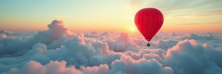 Obraz premium Single red balloon, high-altitude clouds, adrift , isolated, emptiness
