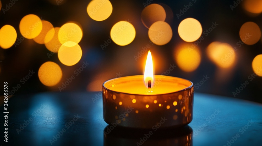 Poster The soft glow of a tealight candle creates a warm and inviting ambiance with bokeh lights in the background