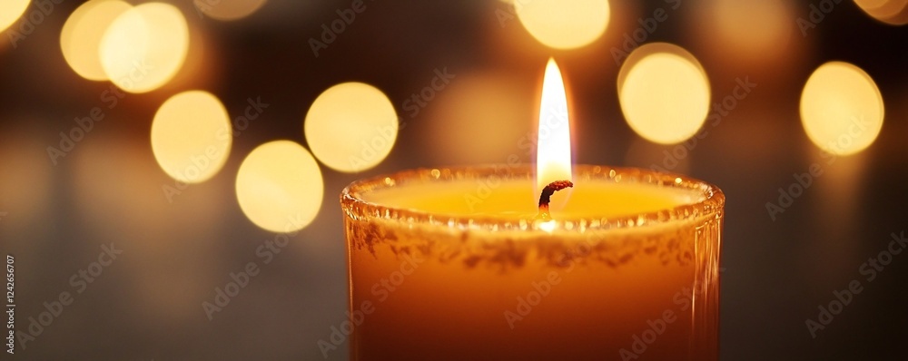 Poster Flickering candle is setting a cozy mood with blurred lights in the background
