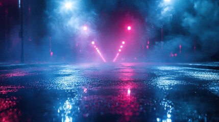 Neon Lights Reflecting On A Wet Night Street