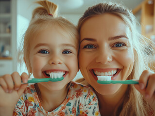 woman and her daughter are happily brushing their teeth together, showcasing bright smiles and joyful moment. This bonding activity promotes dental hygiene and family connection