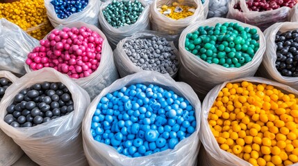 Colorful Beads in Bags - Vibrant, assorted beads in various colors and sizes, filling transparent plastic bags.  Represents craft supplies, variety, abundance, creativity, and potential.