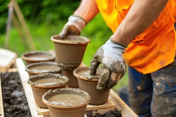 Gardener Filling Clay Pots with Rich Soil Mixture Preparing for Planting