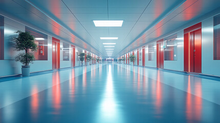 Fototapeta premium A modern hospital corridor featuring red accents and bright lighting, creating a clean atmosphere, Generative AI