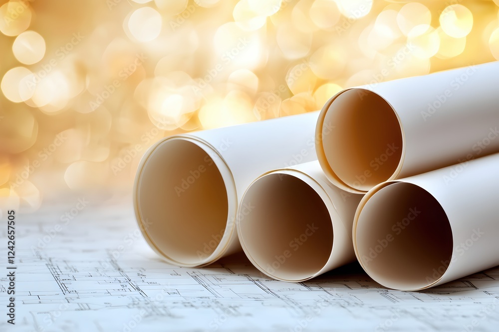 Poster architectural blueprints golden bokeh background elegant design plans