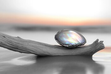 Obraz premium Iridescent abalone shell rests on weathered driftwood against a serene sunset backdrop.