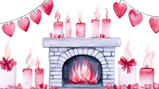 Romantic Fireplace with Candles and Hearts - Watercolor painting of a cozy fireplace scene with burning candles, hearts, and a festive garland. Perfect for Valentine's Day or romantic themes.