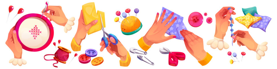 Sewing accessories cartoon - process of female hands working with embroidery hoop, scissors cutting fabric, buttons and safety pins, folded cloth pieces, threading beads for handmade hobby crafts.