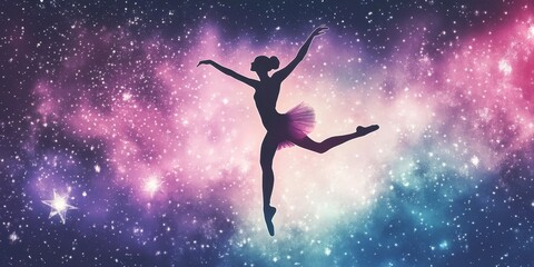 Naklejka premium Ballerina Silhouette Dancing Against A Starry Night Sky