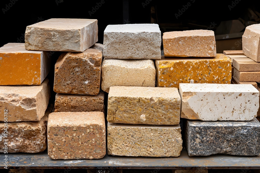 Poster stacked natural stone blocks variety of colors and textures building material