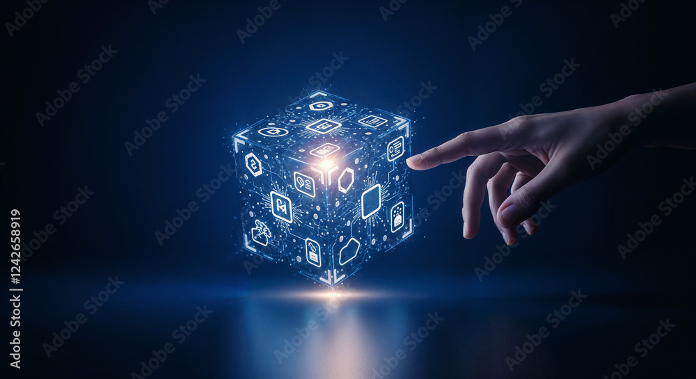 Poster hand pointing to digital isometric cube abstract digital background . generative ai
