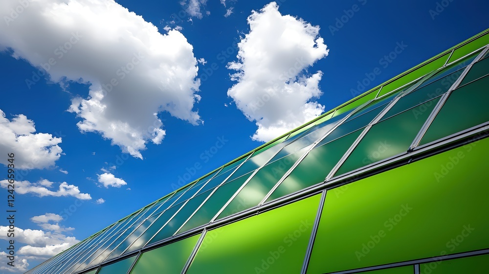 Poster modern green building architecture bright sky clouds