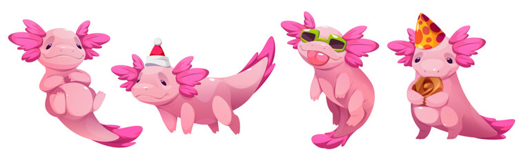 Cute axolotl characters set isolated on white background. Vector cartoon illustration of kawaii style pink salamander animals relaxing, wearing Santa hat, sunglasses, eating cake, education mascot