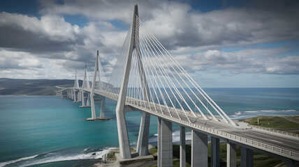 Fototapeta premium Modern cable-stayed bridge spanning tranquil blue water under cloudy sky
