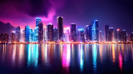 Obraz premium Vibrant Cityscape Night Skyline Reflecting in Water Stunning Neon Lights