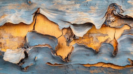 Naklejka premium Bark of birch tree with peeling layers, showcasing textures and colors. intricate patterns and vibrant hues create striking visual, perfect for nature themed projects