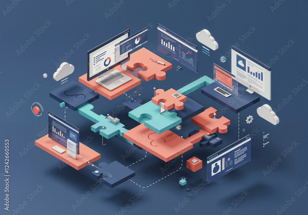 Poster isometric scene with puzzles of software development process or business management abstract digital