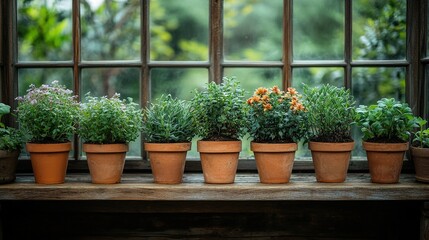A vibrant display of potted plants arranged on a wooden shelf by a window, showcasing nature's beauty