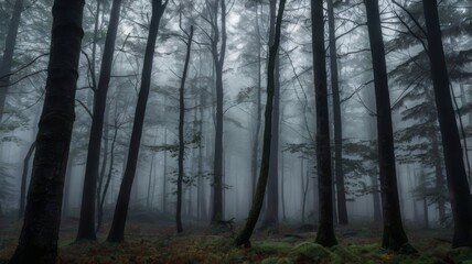 Fototapeta premium Enigmatic Fog-Shrouded Forest Deep in the Woods