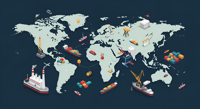 Intricate global value chains connecting manufacturers, suppliers, and distributors across borders - conceptual illustration of international trade and supply