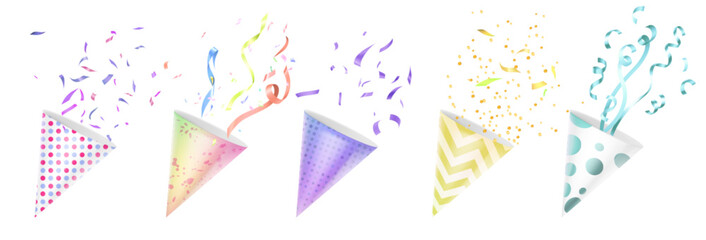 Party confetti poppers set - paper cone containers with bursting ribbons, streamers and dots. Celebration devices releasing colorful decoration elements for birthdays and festivals greeting design.