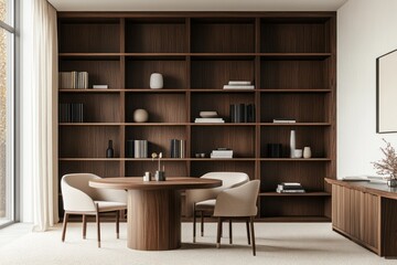 Modern home office, wooden shelving, round table, beige chairs, window view, calm workspace