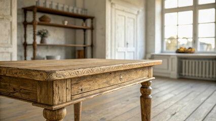 Close-up of an antique wooden table, an atmosphere of coziness and nostalgia. Wood texture with natural abrasions.