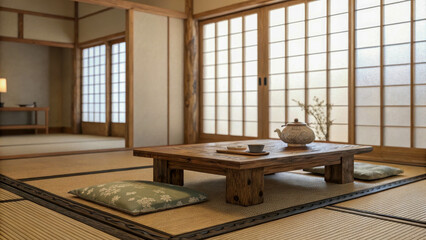 A traditional Japanese room with tatami, a low wooden table and soft light penetrating through the shoji. Warm natural tones and textured surfaces.