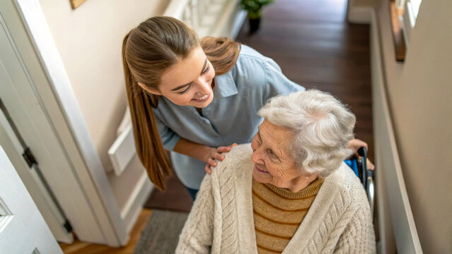 A young girl carefully supports an elderly woman, helping her to move. Their interaction is filled with care and trust.