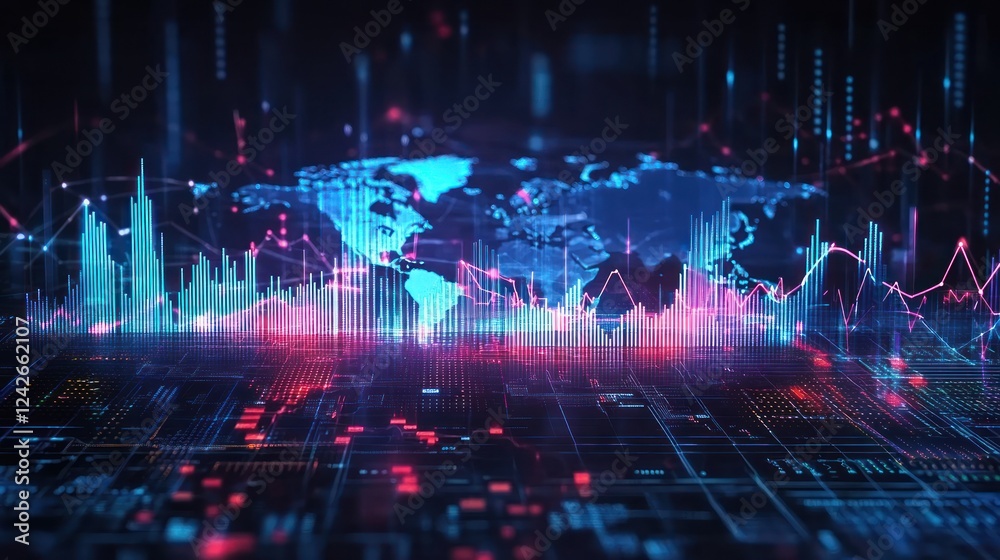 Poster digital world map with data visualization and graphs