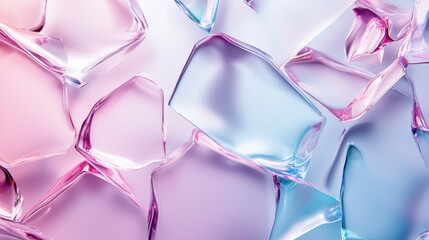 Colorful ice cubes are arranged in a layered pattern, showcasing shades of pink and blue with a smooth, reflective surface.