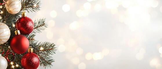 A festive Christmas tree adorned with red and white ornaments, set against a soft, blurred background of soft lights.