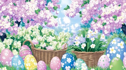 Springtime Easter Eggs Nestled in Blossom Baskets