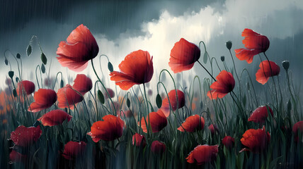 Obraz premium Red poppy flower field under cloudy sky in springtime bloom