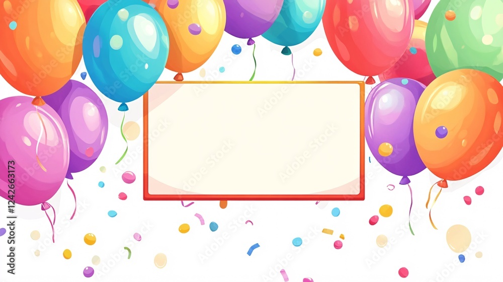 Poster colorful balloons floating with confetti surrounding a blank banner with copy space