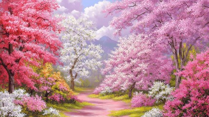 Springtime Path Through Blossoming Trees and Flowers